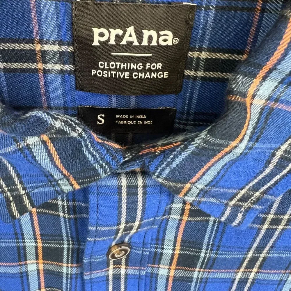 PrAna Mens Shirt Blue Dolberg Flannel Shirt Plaid Button Up Organic‎ Cotton Sz S